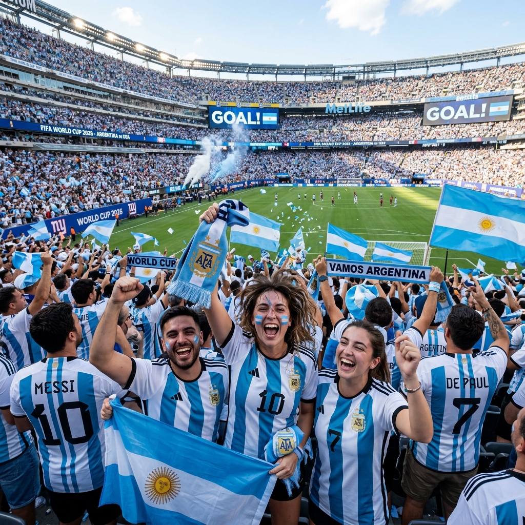 Hinchada de la Selección Argentina y pelota de fútbol en USA